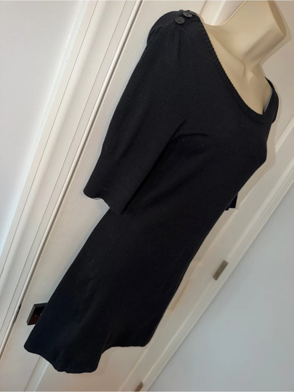 Take Out Black Knit Sweater Dress Size Small 3/4 Sleeve Button Pocket